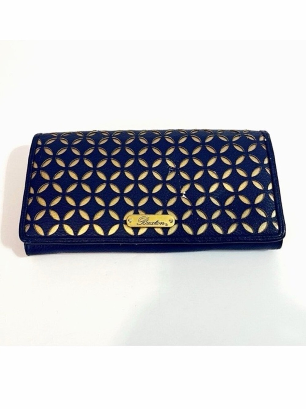 Buxton Womens Wallet Blue & Gold Lazer Cut Organizer Travel Zipper ID Holder